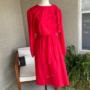 Vintage Ruffle Belted Midi Dress 50s 60s Gold Button Size 6 Pink Excellent Cond